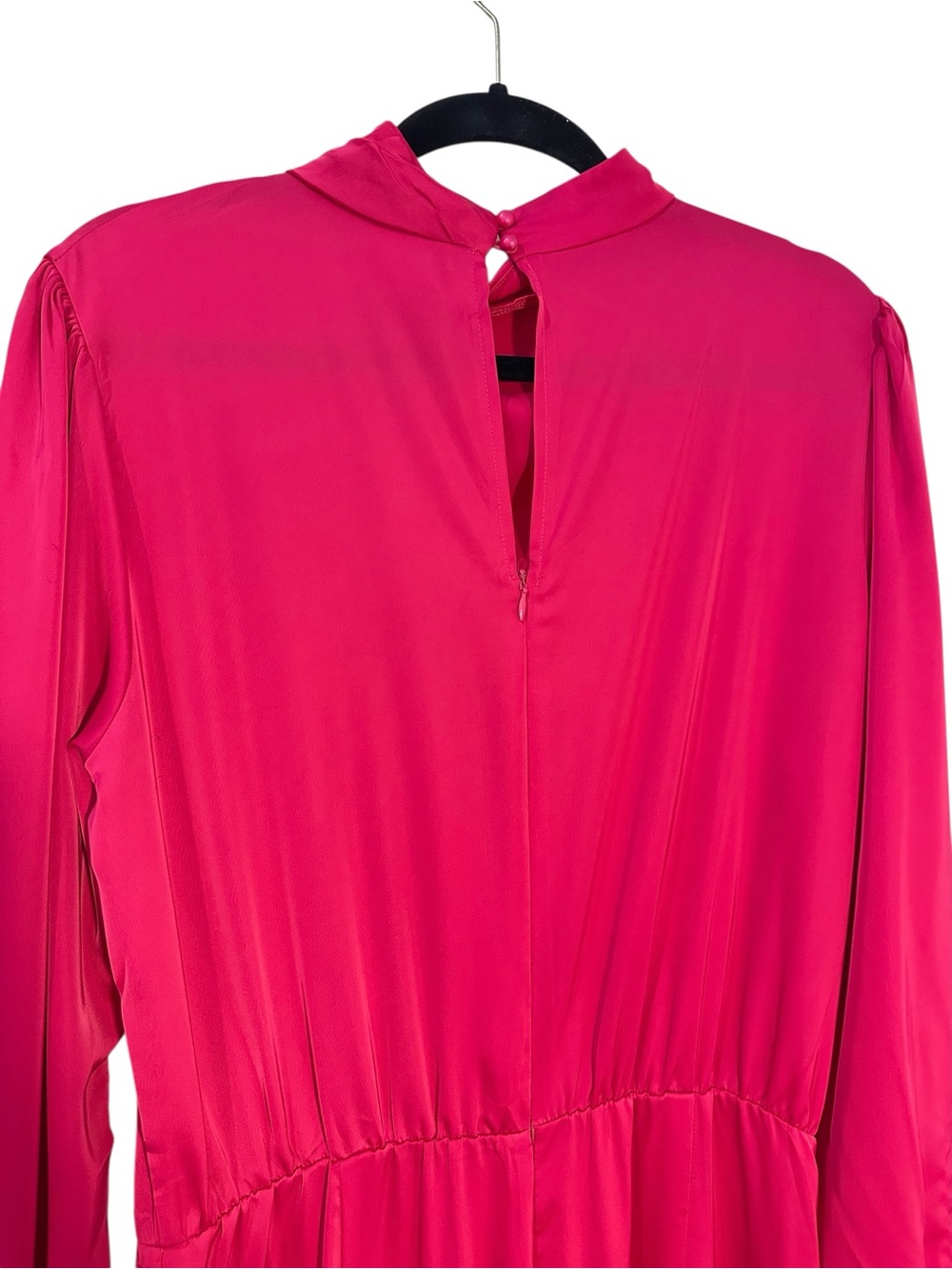 Fuchsia Satin Long-Sleeve Jumpsuit with Draped Neck - Picture 5 of 16